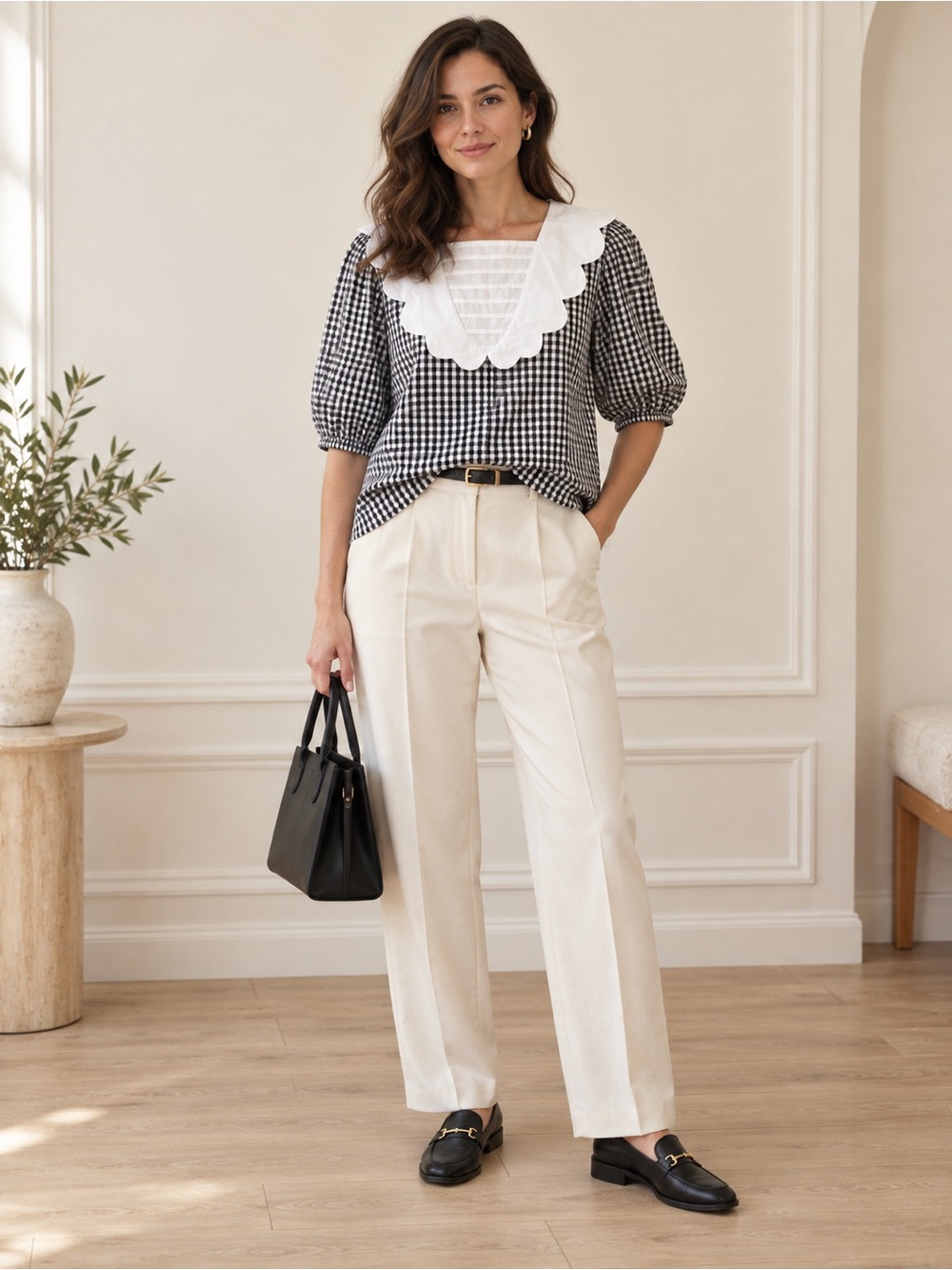 Batsheva Black White Gingham Blouse 8 Oversized Scalloped Collar Cotton Prairie